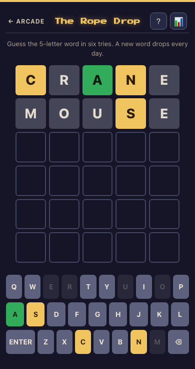 The Rope Drop board mid game, with CRANE and MOUSE guessed and a green, gold and gray tile pattern
