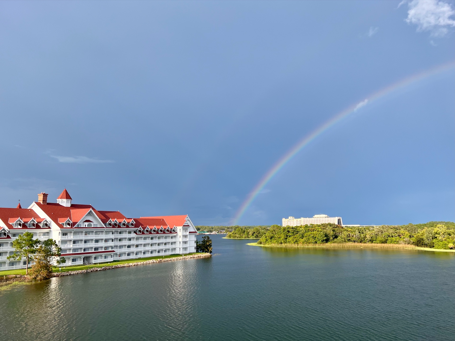 A rainbow arching over Disney's Grand Floridian Resort and the Seven Seas Lagoon