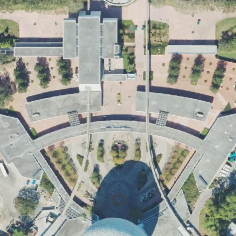 The EPCOT main entrance plaza from above
