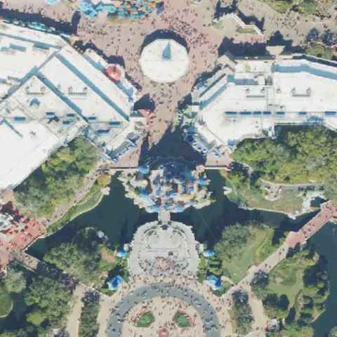 Cinderella Castle and the hub in front of it from above