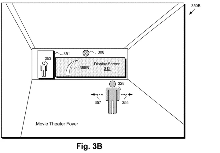 Patent figure 3B, a movie theater foyer with a display screen showing a wave, a camera above it, and a guest who can move left or right.