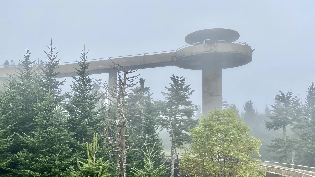 The observation tower at Clingmans Dome rising above fog over the Great Smoky Mountains